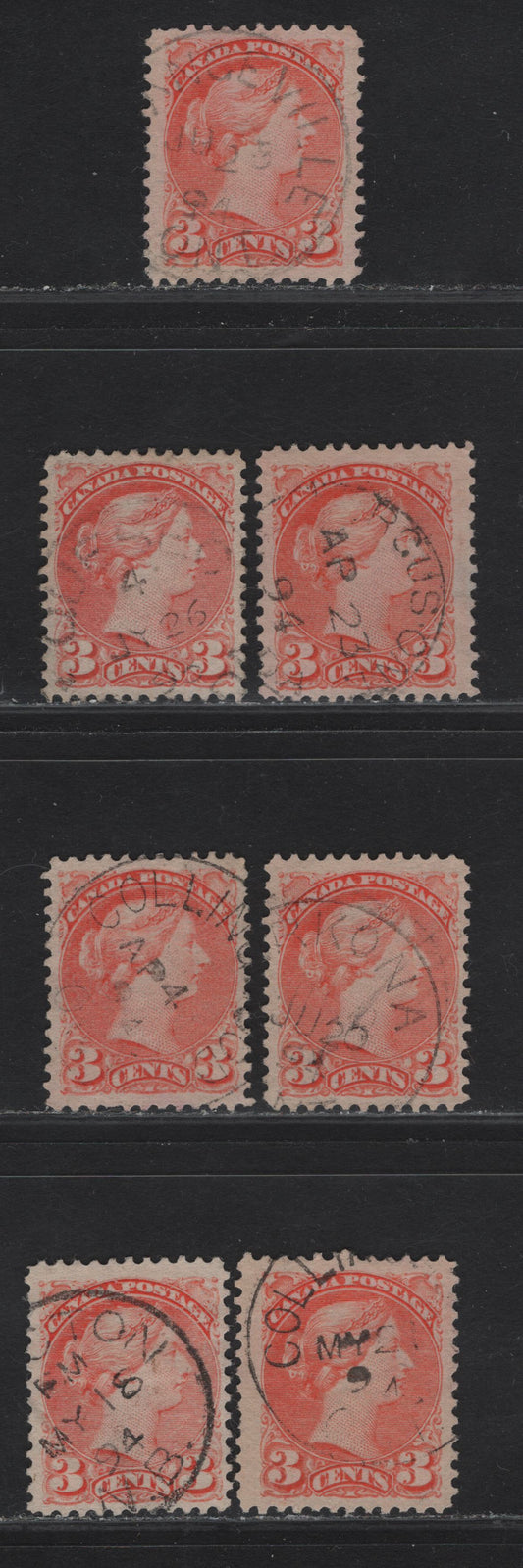 Lot 42 Canada #41 3c Orange Vermillion Queen Victoria, 1888-1897 Small Queen Issue, 7 Very Fine Used Singles, Papers 2O-KK, 2O-E & 2O-HH, All With 1894 Dated Town Cancels