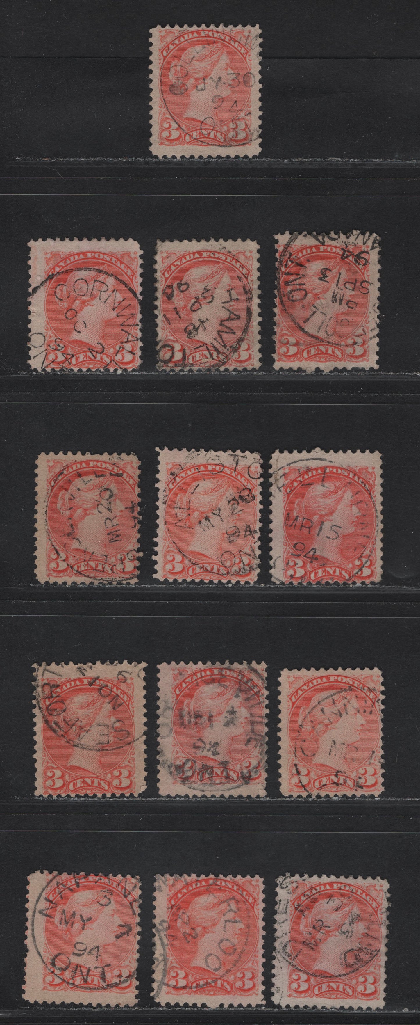 Lot 43 Canada #41 3c Vermillion Queen Victoria, 1888-1897 Small Queen Issue, 13 Fine Used SIngles, 1894 Town Cancels, Mostly 2O-E Paper