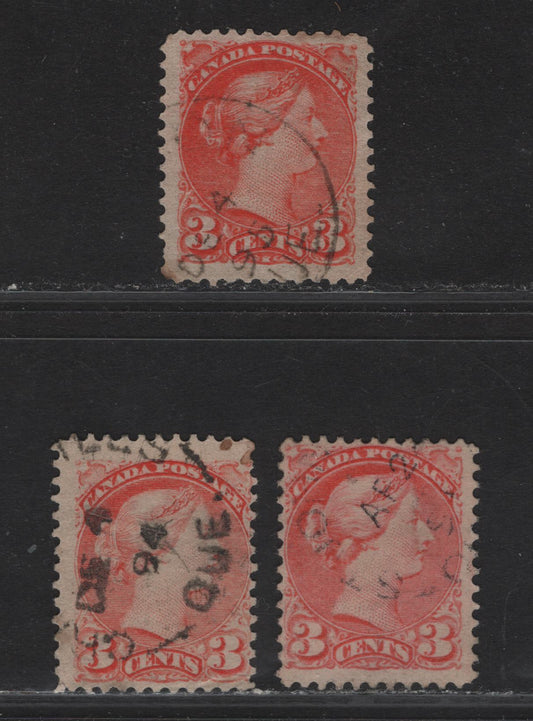 Lot 46 Canada #41 3c Vermillion - Dull Vermillion Queen Victoria, 1888-1897 Small Queen Issue, 3 Fine/Very Fine Used Singles, Mid Second Ottawa Printings, Papers 2O-C, 2O-KK, 2O-E, 1894 & 1895 Dated Cancels.