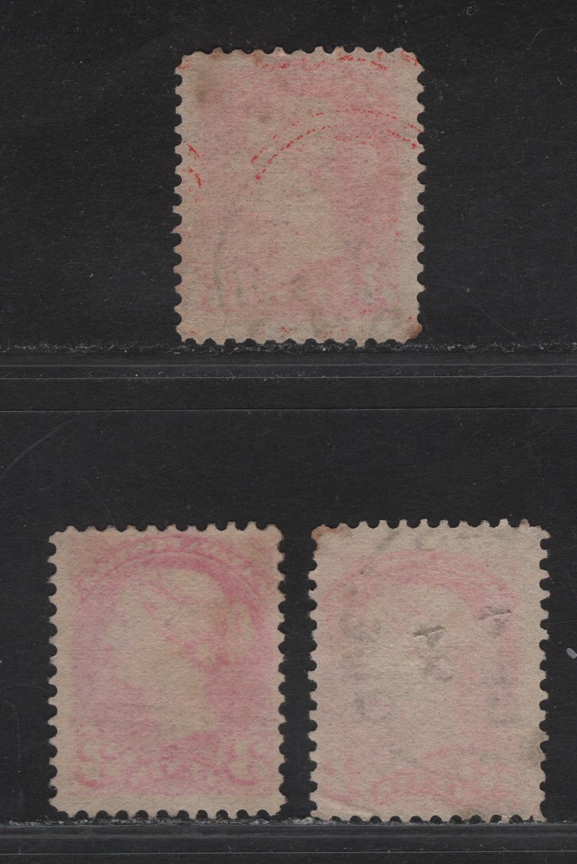 Lot 46 Canada #41 3c Vermillion - Dull Vermillion Queen Victoria, 1888-1897 Small Queen Issue, 3 Fine/Very Fine Used Singles, Mid Second Ottawa Printings, Papers 2O-C, 2O-KK, 2O-E, 1894 & 1895 Dated Cancels.
