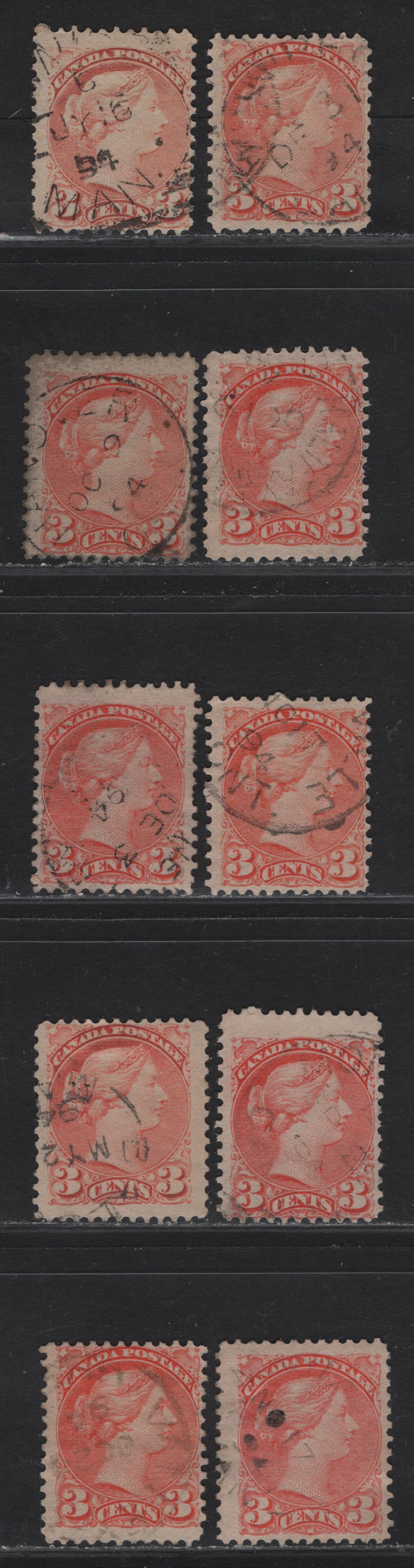 Lot 48 Canada #41 3c Pale Vermillion Queen Victoria, 1888-1897 Small Queen Issue, 10 Fine Used SIngles, Papers 2O-EE & 2O-II, 1894 Dated Cancels, Shades Ranging From Pale Vermillion To Pale Dull Vermillion.