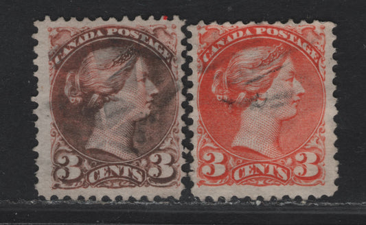 Lot 5 Canada #37iii 3c Bright Orange & Dark Brown (Oxidized Orange) Queen Victoria, 1888-1897 Small Queen Issue, 2 Fine Used SIngles, Mid Montreal Printings, Papers MM-S & MM-P, Perf 11.75x12.