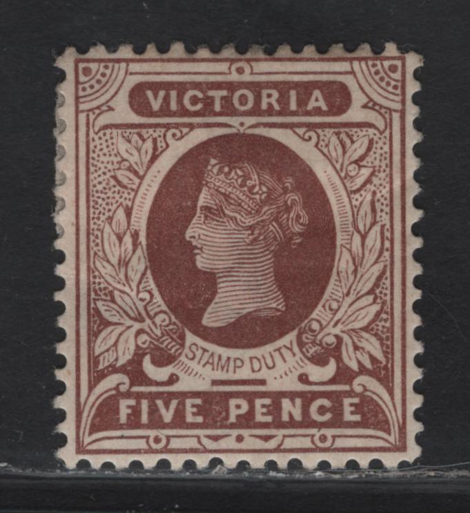 Lot 70 (C) Victoria SG#317 5d Purple Brown Queen Victoria, 1886-1896 Stamp Duty Issue, A VFOG Single, Type 2 V Over Crown Wmk.