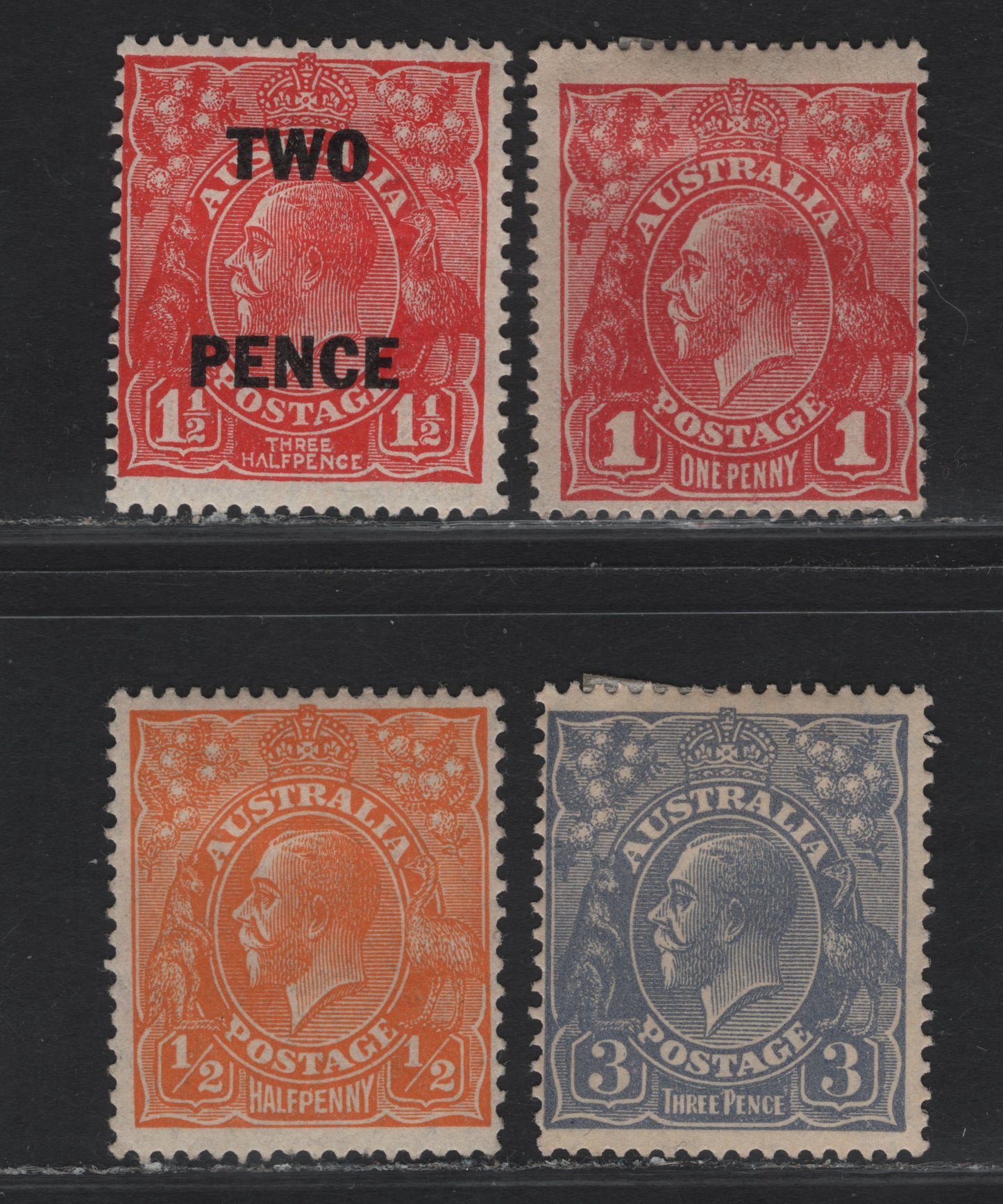 Lot 84 (C) Australia SG#50, 11a, 100, 94 1d - 3d Carmine - Dull Ultramarine King George V, 1918-1930 KGV Profile Heads Issue, 4 FOG Singles, Multiple Crown Over A & Small Multiple Wmks, Perf 13.5x12.5.