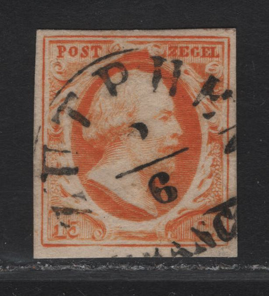 Lot 100 Netherlands SC#3 15c Orange Yellow King William III, 1852 King William III Issue, A Fine Used Imperf Single, Zutphen Cancel, 4 Clear But Close Margins