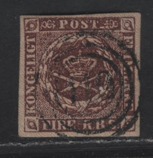 Lot 1 Denmark SC#2 4rs Brown Arms, 1851 Royal Emblem Issue, A Very Fine Used Single, #119 Numeral Cancel For Itzehue