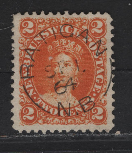 Lot 105 New Brunswick SC#7b 2c Deep Orange Queen Victoria, 1860 First Cents Issue, A Very Fine Used Single, Ratigan Sept 1 1864 Cancel, Perf 12x11.75