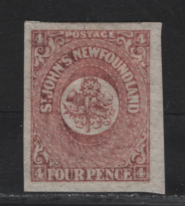 Lot 108 Newfoundland SC#18 4d Rose Heraldic Flowers, 1861-1862 3rd Pence Issue, An EFOG Imperf Single