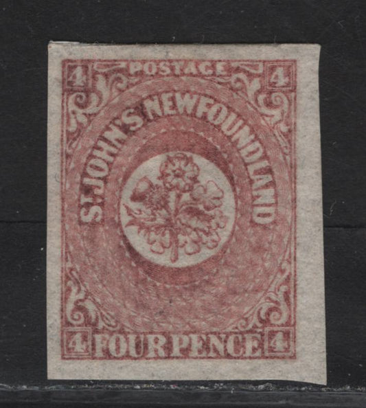 Lot 108 Newfoundland SC#18 4d Rose Heraldic Flowers, 1861-1862 3rd Pence Issue, An EFOG Imperf Single