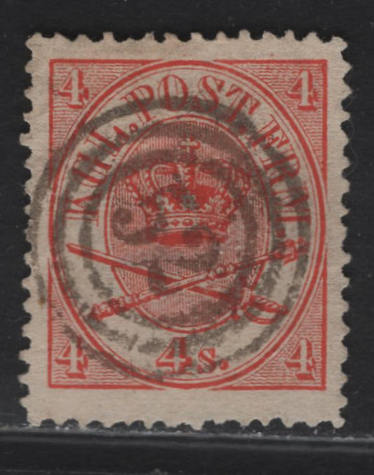 Lot 11 Denmark SC#13 4s Red Arms, 1864-1868 Arms Issue, A Very Fine Used Single, #52 Praestoe Cancel, Perf 13
