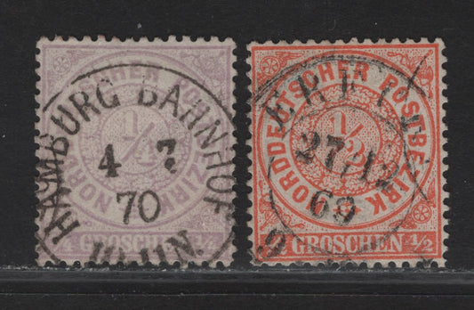 Lot 113 North German Confederation SC#13, 15 1/4gr - 1/2gr Lilac - Orange Numeral, 1869 Perforated Numeral Issue, 2 Very Fine Used Singles