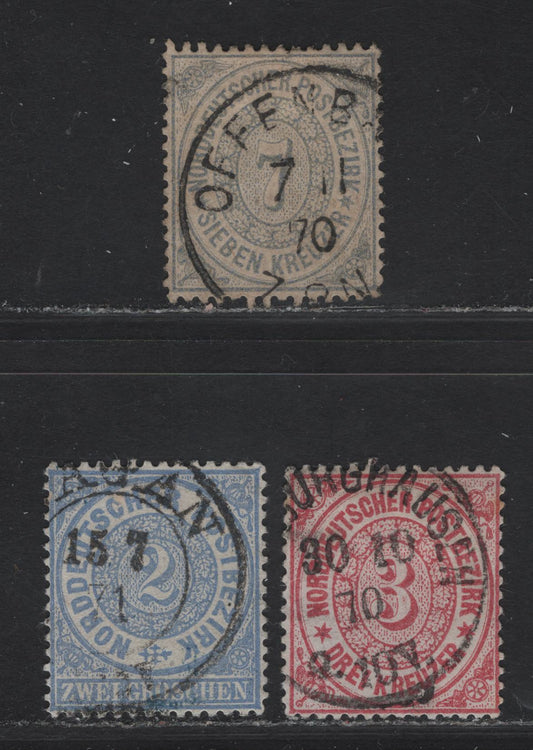 Lot 114 North German Confederation SC#17, 21-22 2gr - 7kr Ultramarine - Ultramarine Numeral, 1869 Perforated Numeral Issue, 3 Very Fine Used Singles