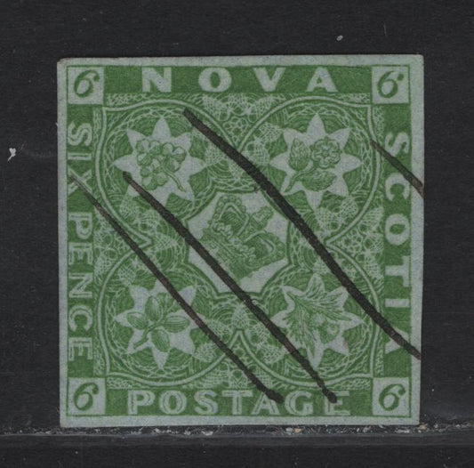 Lot 119 Nova Scotia SC#4 6d Yellow Green Heraldic Flowers & Crown, 1851-1857 Pence Issue, A Very Fine Used Imperf Single