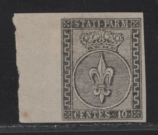 Lot 123 Parma SC#2 10c Black on White Crown & Fleur-de-lis, 1852 Crown & Fleur-de-lis Issue, An Extremely Fine Unused Imperf Single, Full Margins on 2 Sides, Jumbo Margins on 2 Sides, No Gum.