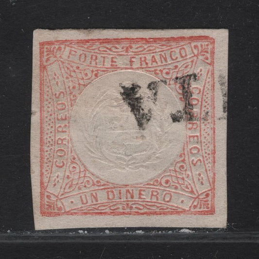 Lot 124 Peru SC#12 1d Red Arms, 1862-1863 Embossed Arms Issue, A Very Fine Used Imperf Single