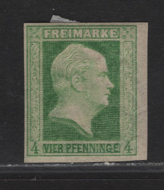 Lot 133 Prussia SC#1 4pf Yellow Green King Frederick William IV, 1850-1856 King Frederick William IV Issue, An XFOG Imperf Single, Full Margins Are 1.4mm On This Issue, Thus Two Full & 2 Jumbo Margins Makes This Extremely Fine