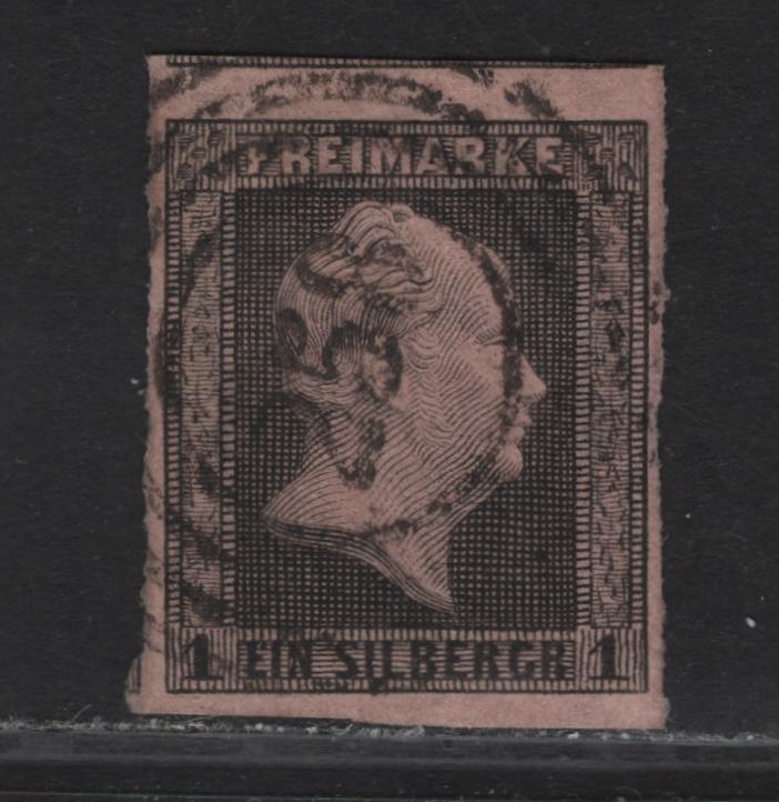 Lot 134 Prussia SC#3 1sg Black on Rose King Frederick William IV, 1850-1856 King Frederick William IV Issue, A Superb Used Imperf Single, Full Margins Are 1.4mm On This Issue, Three Jumbo Margins On 3 Sides