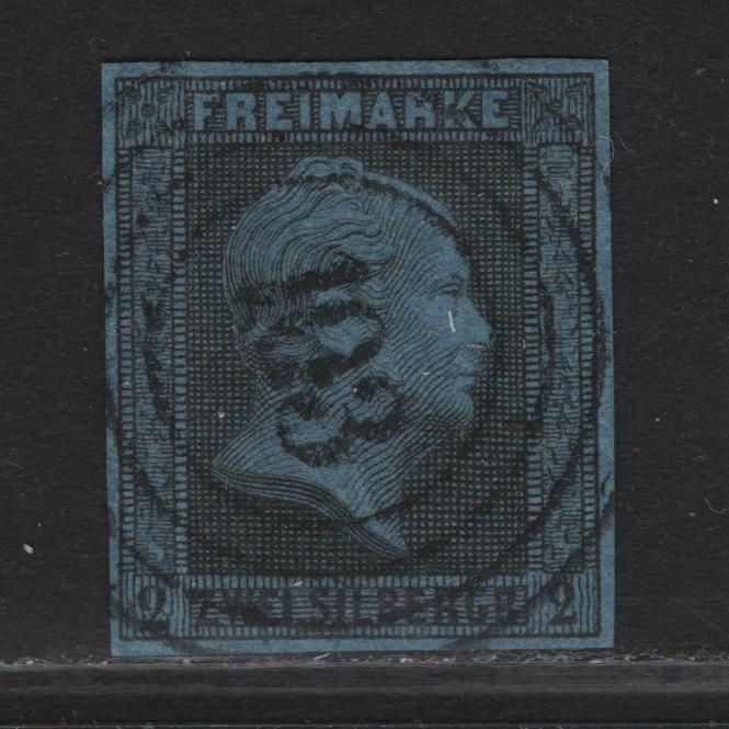 Lot 135 Prussia (C)SC#4 2sg Black on Dark Blue King Frederick William IV, 1850-1856 King Frederick William IV Issue, A Very Fine Used Imperf Single, Full Margins Are 1.4mm On This Issue, Full Margins All Around
