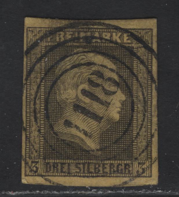 Lot 138 Prussia SC#5 3sgr Black on Yellow King Frederick William IV, 1850-1856 King Frederick William IV Issue, A Superb Used Imperf Single, #1118 4 Ring Numeral Cancel