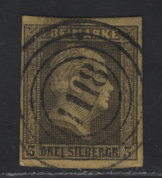 Lot 138 Prussia SC#5 3sgr Black on Yellow King Frederick William IV, 1850-1856 King Frederick William IV Issue, A Superb Used Imperf Single, #1118 4 Ring Numeral Cancel