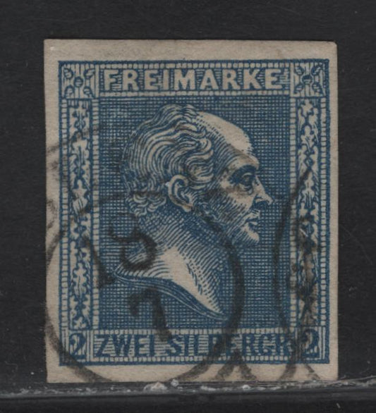 Lot 139 Prussia SC#12 2sgr Blue King Frederick William IV, 1858 King Frederick William IV Issue, A Very Fine Used Imperf Single, Background of Crossed Lines