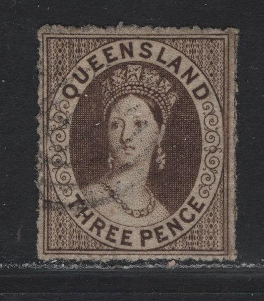 Lot 141 Australia - Queensland SC#9 3d Brown Queen Victoria, 1861 Chalon Head Issue, An Extremely Fine Used Single, Rought Perf 14-16, Star Wmk