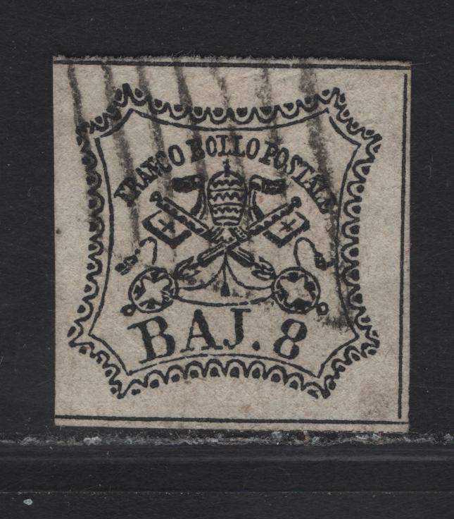 Lot 143 Roman States SC#9 8b Black Arms, 1852 Papal Arms Issue, A Very Fine Used Imperf Single, Dividing Lines Are Visible On 3 Sides, Left Margin Is Little Close At Lower left, But Still Clear.
