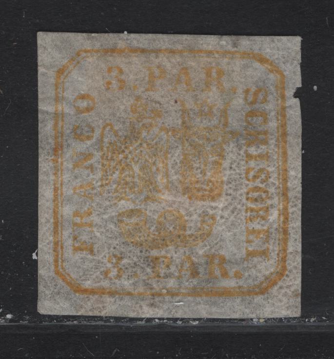 Lot 147 Romania SC#19 3pa Yellow Green Arms, 1864 Arms, A VFOG Imperf Single, White Wove Paper, Natural Paper Wrinkles Caused By Gum Creasing