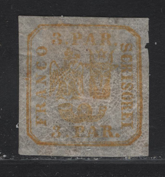 Lot 147 Romania SC#19 3pa Yellow Green Arms, 1864 Arms, A VFOG Imperf Single, White Wove Paper, Natural Paper Wrinkles Caused By Gum Creasing