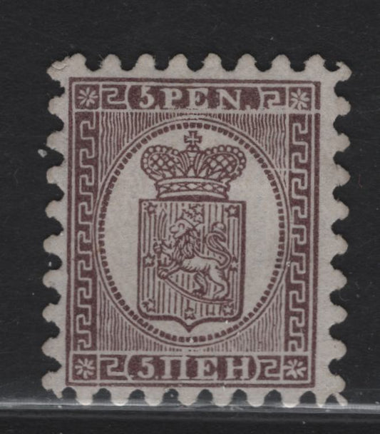 Lot 16 Finland SC#6 5pa Purple Brown on Lilac Coat of Arms, 1873 Coat of Arms Issue, A Very Fine Unused Single, Roulette Type I
