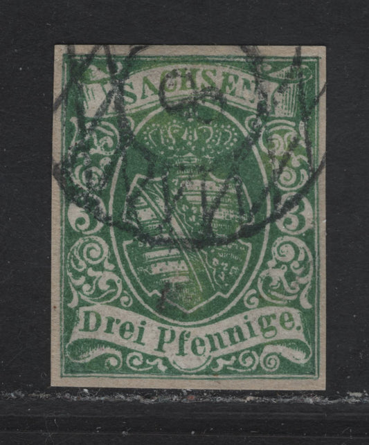 Lot 165 Saxony SC#2 3pf Green Coat of Arms, 1851 Coat of Arms Issue, An Ungraded Used Single, XF Appearing But Expertly Repaired, A Nice Reference Example