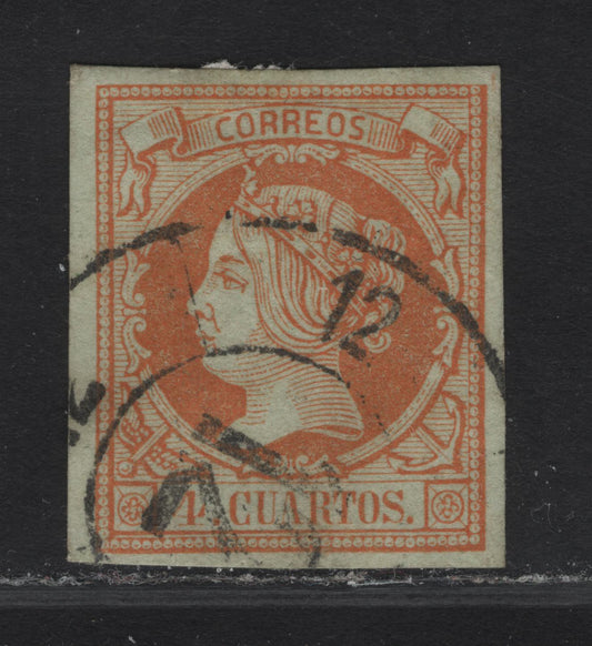 Lot 179 Spain SC#50 4c Orange on Greenish Queen Isabella II, 1860-1861 Queen Isabella II Issue, A Very Fine Used Imperf Single, Margins Close On 3 Sides, But Giant On Left Side