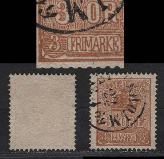 Lot 187 Sweden Scott13e (Facit #14Bv2) 3o Orange Brown Arms, 1858-1862 Arms Issue, A Very Fine Used Single, Type III, January 18 1869 Cancel