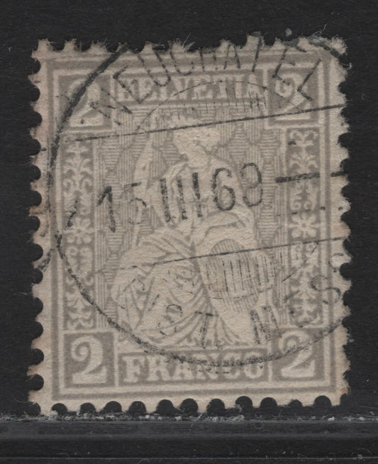 Lot 191 Switzerland SC#41 2c Gray Seated Helvetia, 1862-1864 Seated Helvetia Issue, A Very Fine Used Single, March 15 1869, Neuchatel Cancel, White Wove Paper.