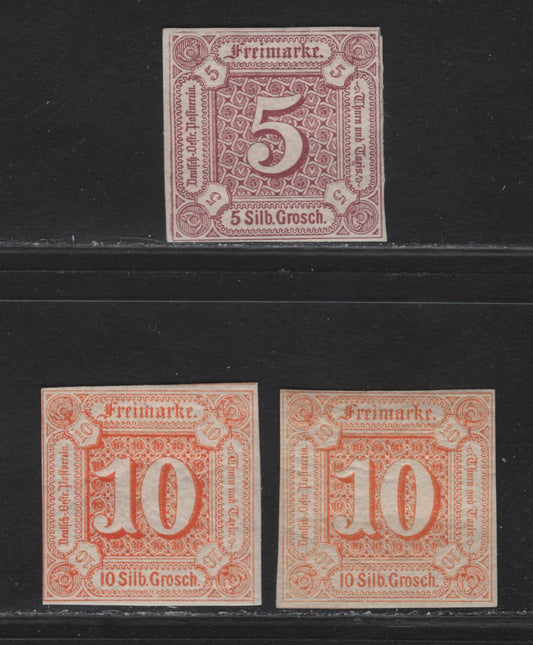 Lot 202 Thurn & Taxis SC#13 - 14 5sgr - 10sgr Lilac - Orange Numerals, 1859-1860 Numeral Issue, 3 F/VFOG Imperf Singles, 2 Shades Of 10sgr Orange, Full Margins On 5gsr & Yellow Orange, Red Orange Shade Has Close Margin.
