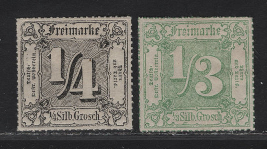Lot 204 Thurn & Taxis SC#27 - 28 1/4s - 1/3s Black & Green Numerals, 1866 Rouletted Numeral Issue, 2 VFOG Singles