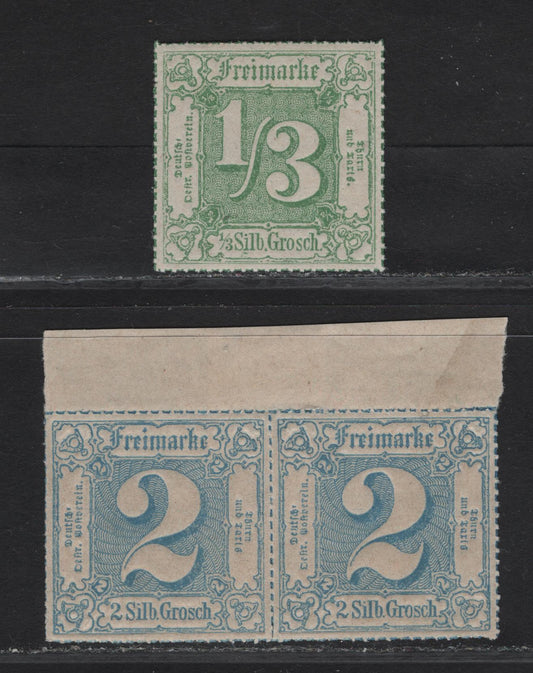 Lot 205 Thurn & Taxis SC#28, 31 1sgr - 2sgr Green - Blue Numerals, 1866 Rouletted Numeral Issue, 2 VFNH Singles, Colored Line Roulettes