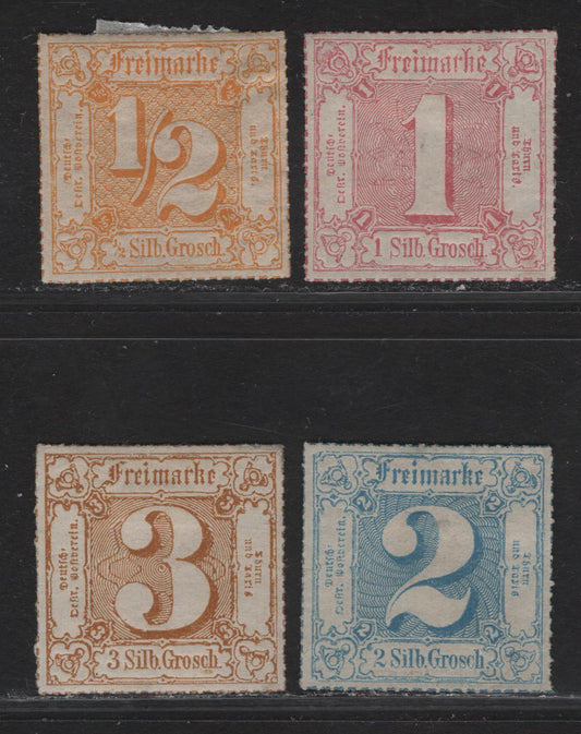 Lot 206 Thurn & Taxis SC#29-32 1/2sgr - 3sgr Yellow - Bistre Numerals, 1866 Rouletted Numeral Issue, 4 VFOG Singles, Colored Line Roulettes