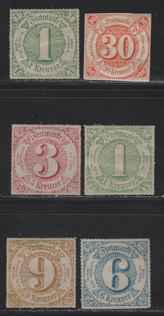 Lot 207 Thurn & Taxis SC#52, 60-63 30kr - 9kr Orange - Bistre Numerals, 1859 Imperf Numeral Issue, 6 VFOG Imperf Singles, 61-63 Have No Gum, Two Shades Of 1kr Green