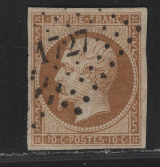 Lot 21 France SC#14b 10c Bistre Brown on Yellowish Napoleon III, 1853-1860 Emperor Napoleon III Issue, A Very Fine Used Imperf Single, 1727 Small Numerals Diamond Dotted Cancel
