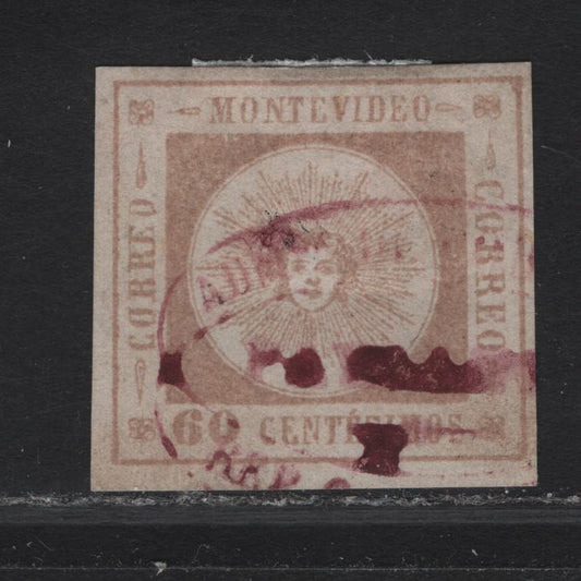 Lot 233 Uruguay SC#13c 60c Red Lilac Sun Emblem, 1859 Sun Emblem Issue, A Fine Used Imperf Single, Thick Numerals, Full Margin On Bottom, Close but Clear Margins On Other Sides.