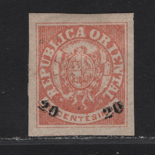 Lot 234 Uruguay SC#27 20c on 6c Rose Arms, 1866 Surcharge Issue, A FOG Imperf Single, Shallow Hinge Thin At Base