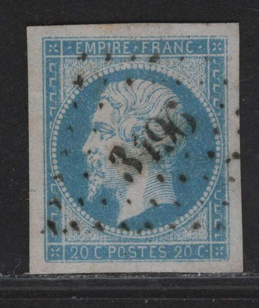 Lot 23A France SC#15b 20c Milky Blue Napoleon III, 1853-1860 Emperor Napoleon III Issue, A Gem Used Imperf Single, Absolutely Stunning Example, Type 1, Jumbo margins, Small Numeral #3196 Diamond Dotted Cancel.
