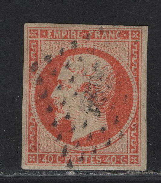Lot 26 France SC#18 40c Orange on Yellowish Napoleon III, 1853-1860 Emperor Napoleon III Issue, A Fine Used Imperf Single, Type I, 4 Margins, Close Top & Bottom.