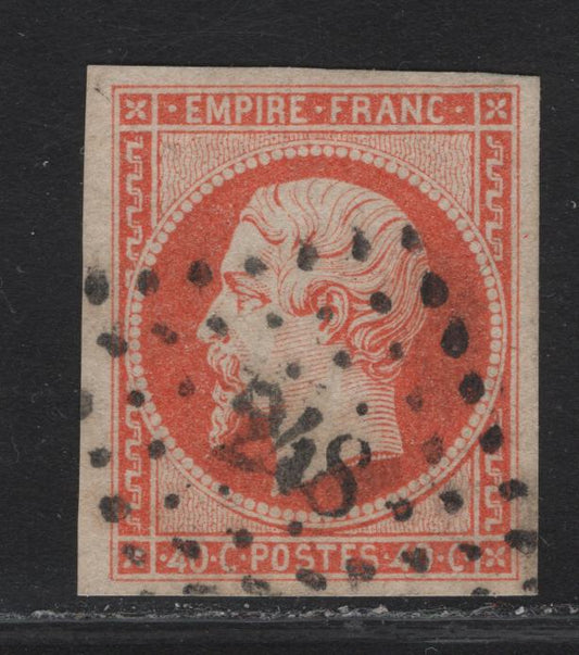 Lot 28 France SC#18 40c Orange on Yellowish Napoleon III, 1853-1860 Emperor Napoleon III Issue, A Very Fine Used Imperf Single, Type 1, #248 Diamond Dotted Cancel