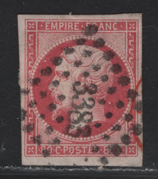 Lot 29 France SC#19d 80c Pale Carmine Lake Napoleon III, 1853-1860 Emperor Napoleon III Issue, A Very Fine Used Imperf Single, #3383 Diamond Dotted Cancel