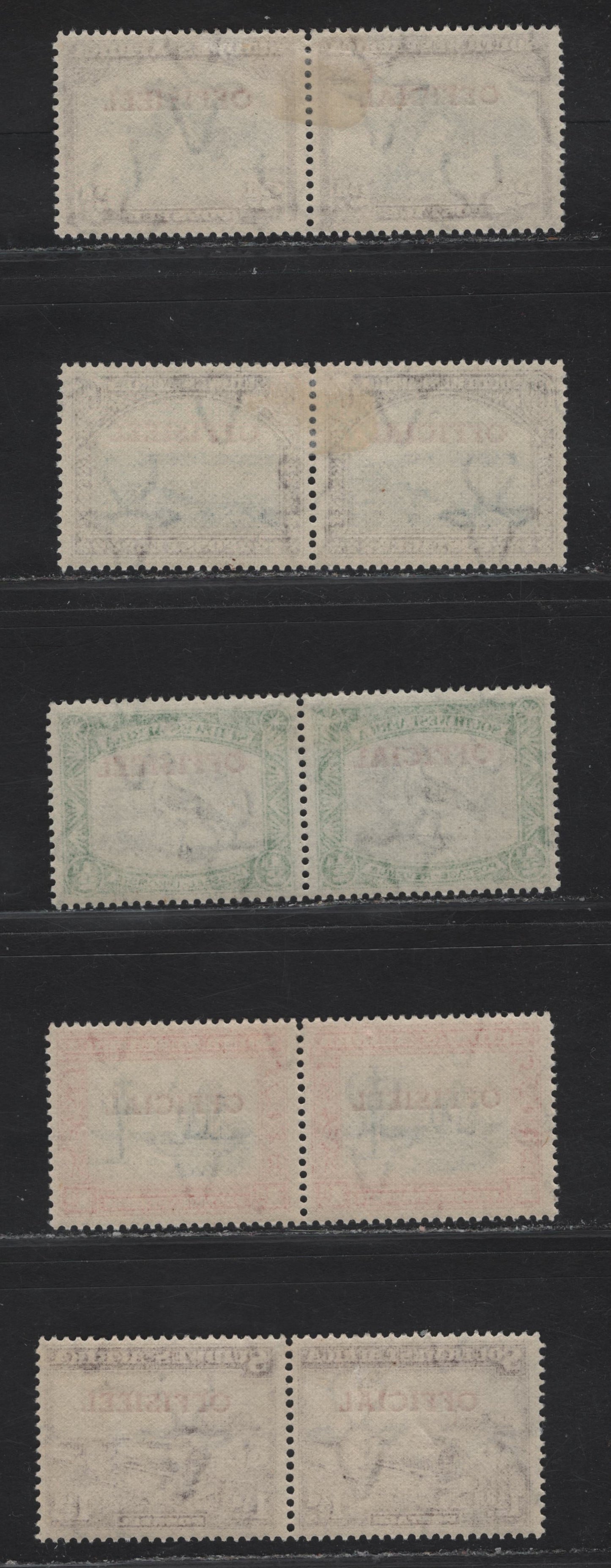 Lot 293 (C) South West Africa SG#O23-O27 1/2d - 6d Black & Emerald - Blue & Brown Union Buildings - Groot Constantia, 1951-1952 Official Overprints On Pictorial Issues, 5 VFOG Horizontal Pair