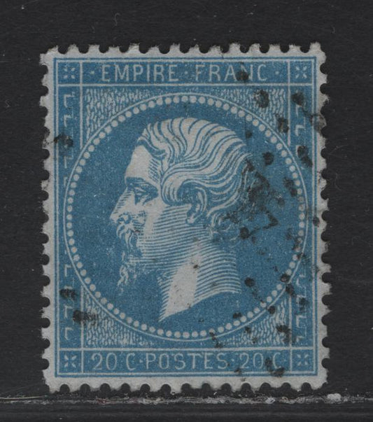 Lot 30 France SC#26d 20c Blue on Azure Napoleon III, 1862-1871 Emperor Napoleon III Issue, A Very Fine Used Imperf Single, Perfectly Centered Example