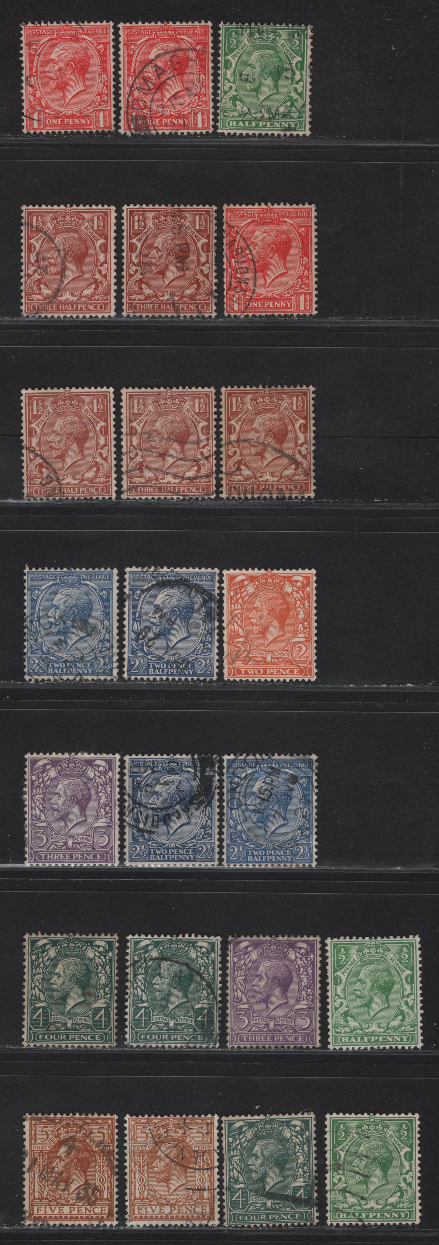 Lot 310 (C) Great Britain SG#418-425 1/2d -5d Green - Brown King George V, 1924-1926 KGV Profile Heads Issue, 23 Fine/Very Fine Used Singles, Additional Shades, Block Cypher Wmk
