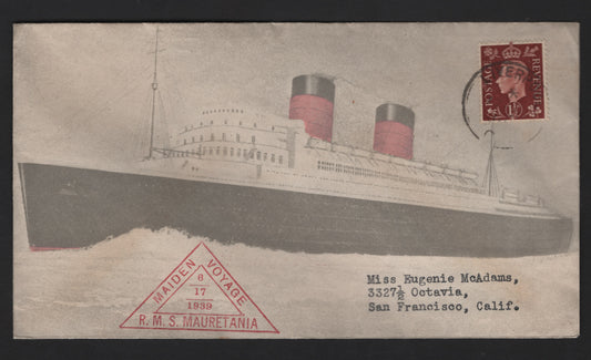Lot 325 Great Britain SG#464 1.5d Red Brown - Blue & Orange Yellow King George VI, 1937-1947 KGVI Issue, A Very Fine Used Cover, RMS Mauretania Maiden Voyage, Single Usage On June 1939 Cover